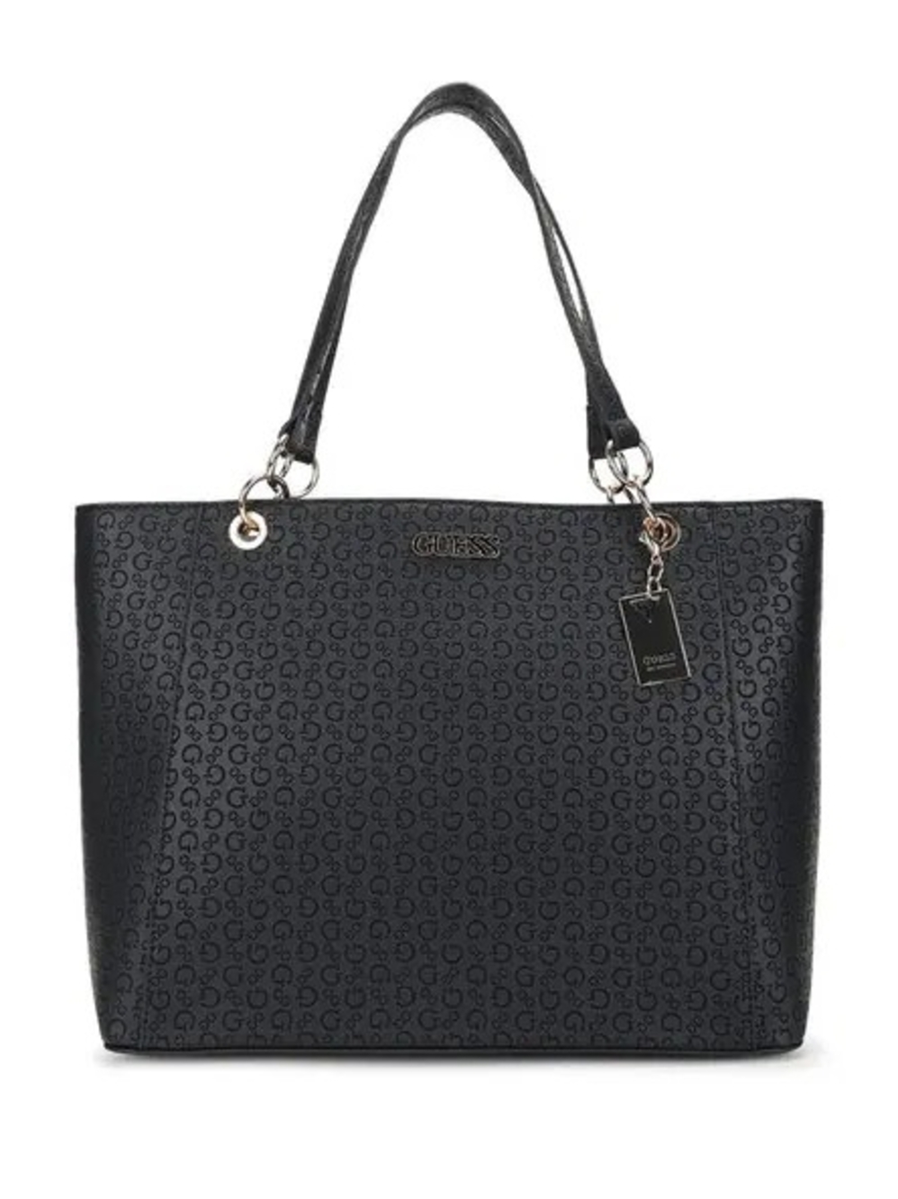 Guess Black Logo-Print Tote with Silver Hardware